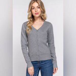 Heather Grey V-Neck Button Down Long Sleeve Soft Knit Rayon Cardigan